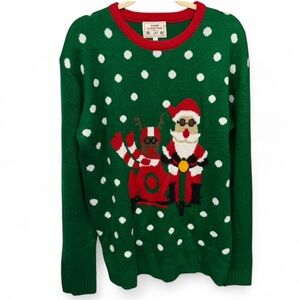Green Christmas Sweater with Santa and Reindeer Design